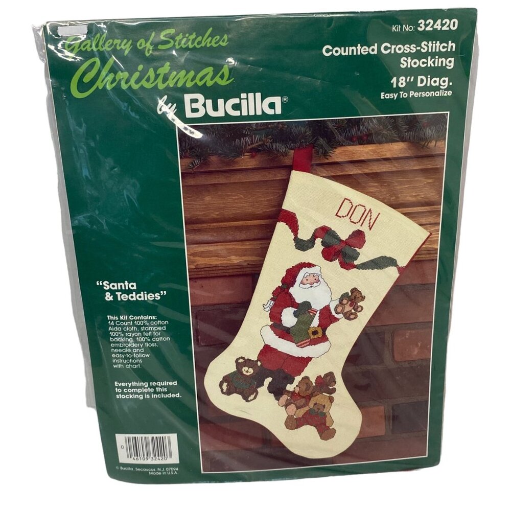 Bucilla 32420 Santa & Teddies cross stitch‎ kit Christmas stocking craft 18"